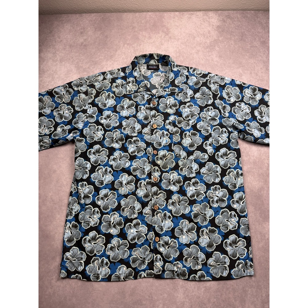 VTG Anchor Blue Mens L Hibiscus Floral Hawaiian Camp Shirt Blue Black Summer